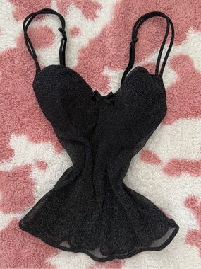 Y2K Vintage Black Shimmer Mesh Babydoll Cami Top🖤 Fairy Grunge Coquette Clubwear